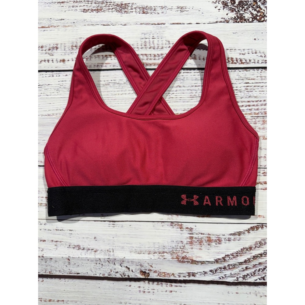 Under Armour Womens Mid Crossback Sports Bra Red Black XS Medium Impact Gym